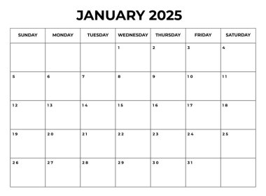 January 2025 Monthly Calendar design with Notes and week starts from sunday clipart