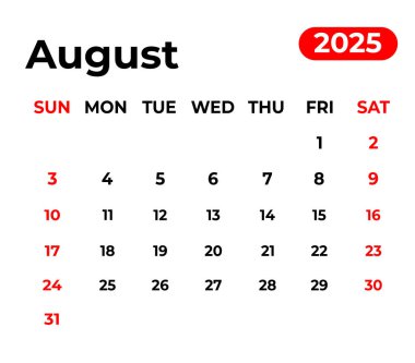 Ağustos 2025 Aylık Takvim Tasarımı Temiz görünüm