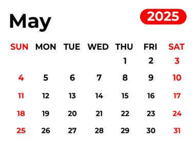 Mayıs 2025 Aylık takvim tasarımı temiz görünüm