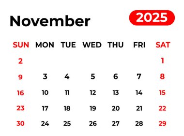 Kasım 2025 Aylık Takvim Tasarımı Temiz görünüm