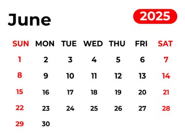 Haziran 2025 Aylık takvim tasarımı temiz görünüm