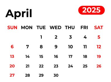 Nisan 2025 Aylık takvim tasarımı temiz görünüm