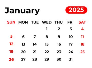 Ocak 2025 Aylık Takvim tasarımı temiz görünüm