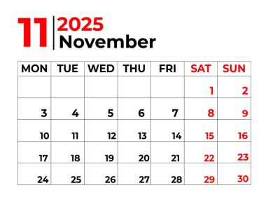 Kasım 2025 Aylık Takvim Tasarımı Temiz görünüm ve hafta içinde