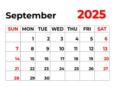 Eylül 2025 Aylık Takvim Tasarımı Temiz görünüm ve hafta pazar gününden itibaren başlar