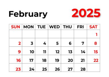 Şubat 2025 Aylık Takvim Tasarımı Temiz görünüm ve hafta pazar gününden itibaren başlar