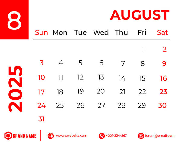 August 2025 Corporate Monthly Calendar  Sunday Start