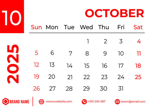 October 2025 Corporate Monthly Calendar  Sunday Start