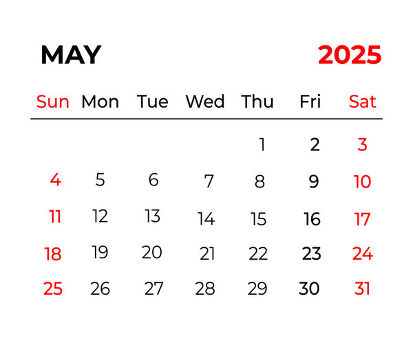 May 2025 Monthly Calendar design with clean look and week starts from sunday