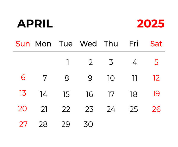 April 2025 Monthly Calendar design with clean look and week starts from sunday