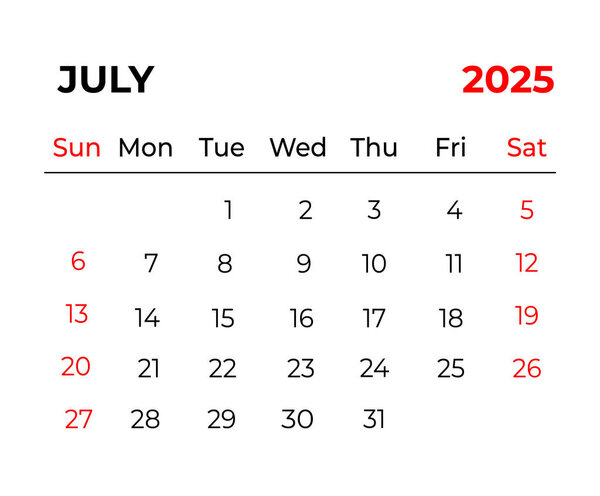 July 2025 Monthly Calendar design with clean look and week starts from sunday