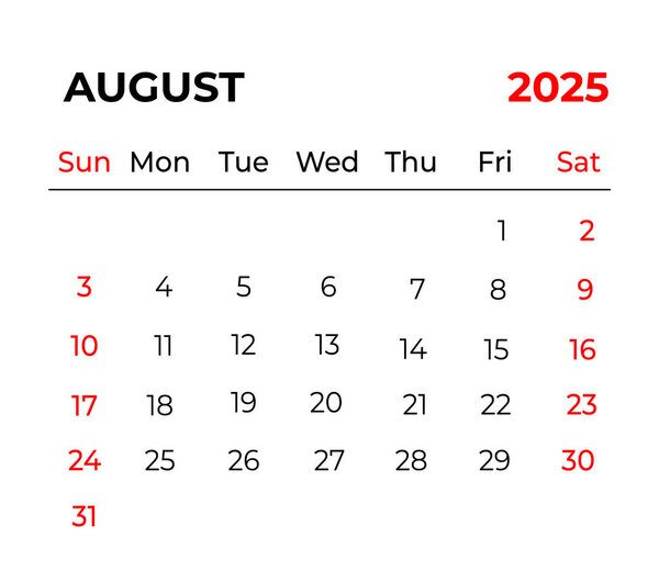 August 2025 Monthly Calendar design with clean look and week starts from sunday