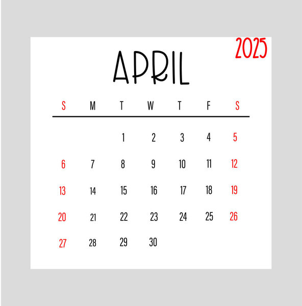 April 2025 Monthly Calendar design week starts from sunday