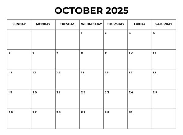 October 2025 Monthly Calendar design with Notes and week starts from sunday
