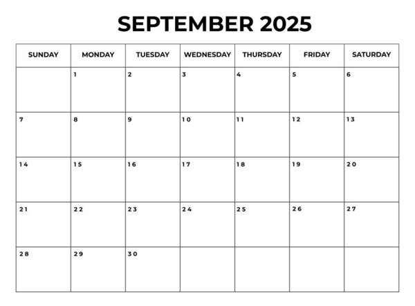 September 2025 Monthly Calendar design with Notes and week starts from sunday