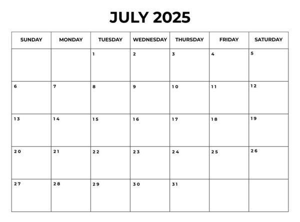July 2025 Monthly Calendar design with Notes and week starts from sunday