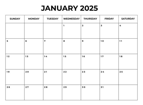 January 2025 Monthly Calendar design with Notes and week starts from sunday