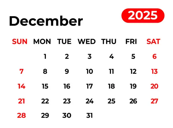 Aralık 2025 Aylık Takvim Tasarımı Temiz görünüm