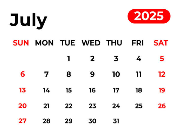 July 2025 monthly calendar design in clean look