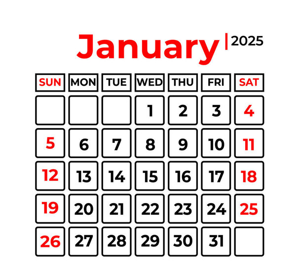 January 2025 Monthly Calendar design in clean look