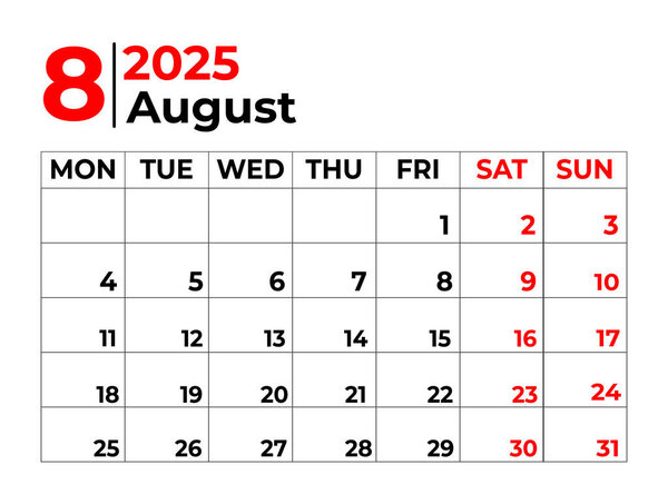 August 2025 Monthly Calendar design with clean look and week sta