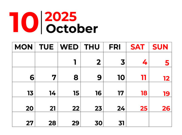 october 2025 Monthly Calendar design with clean look and week st