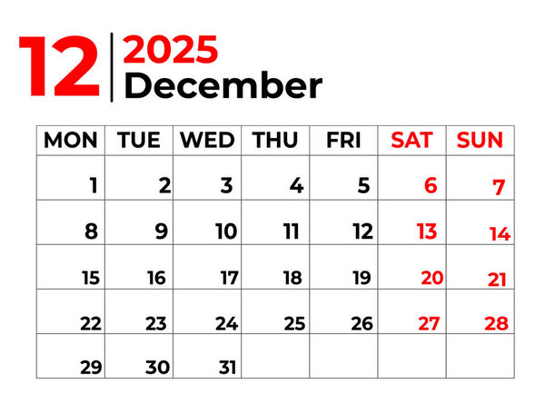 december 2025 Monthly Calendar design with clean look and week starts from sunday