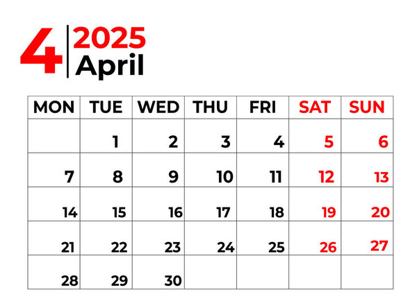 April 2025 Monthly Calendar design with clean look and week starts from sunday