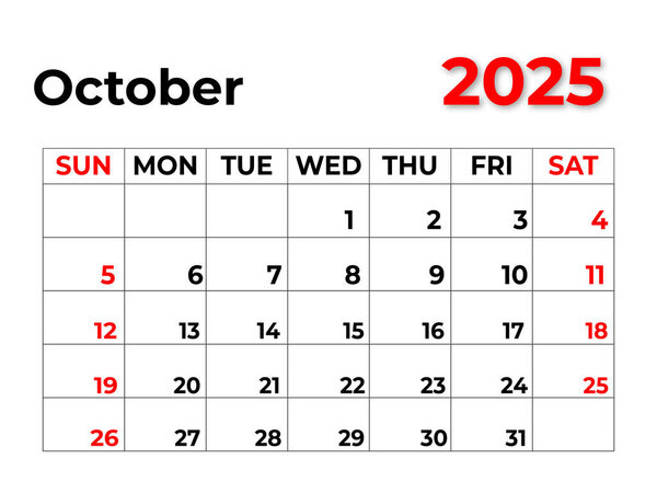 октябрь 2025 Дизайн календаря с чистым внешним видом и неделя начинается с воскресенья