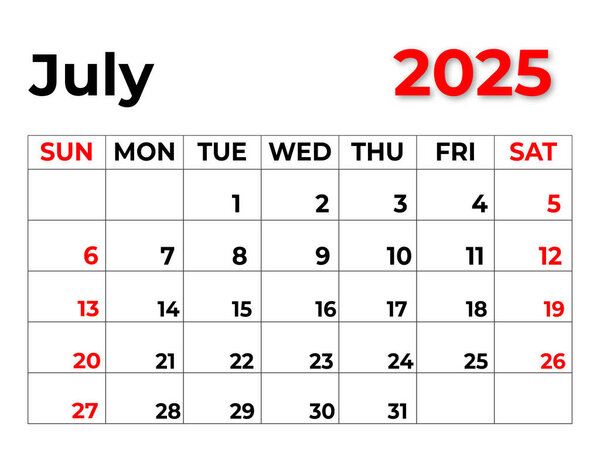 July 2025 Monthly Calendar design with clean look and week starts from sunday
