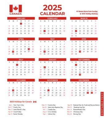 Canada 2025 yearly calendar with national holidays clipart