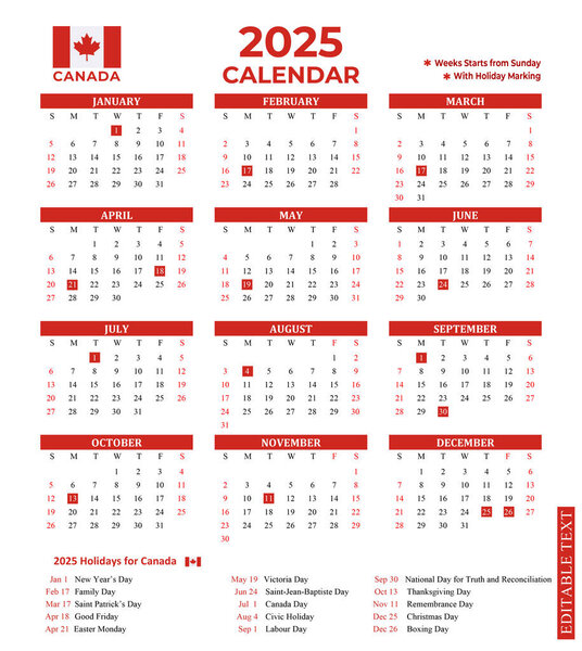 Canada 2025 yearly calendar with national holidays