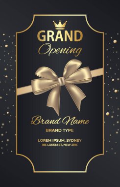 Elegant Grand Opening Flyer for Business Launch Event in Black Golden Shade with golden ribbon bow clipart