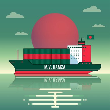 M.V. Hamza Bangladeş Kargo Gemisi Vektör İllüstrasyonu Sunset 'te