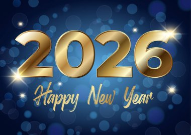 2025 mutlu yeni yıl tasarımı ile altın metin ve mavi parlak arkaplan