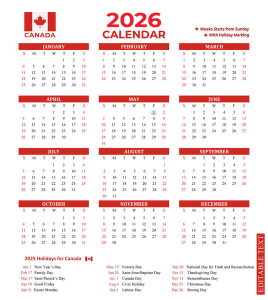 Canada 2026 yearly calendar with national holidays