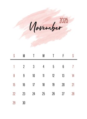Watercolor Splash ile Aylık Takvim Tasarımı Kasım 2026