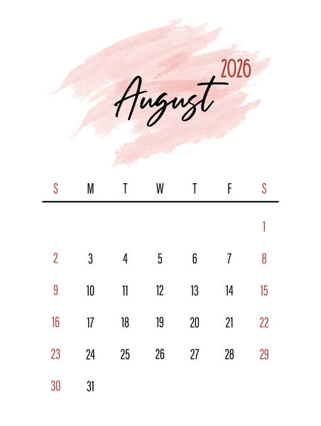 August 2026 Monthly Calendar design with Watercolor Splash