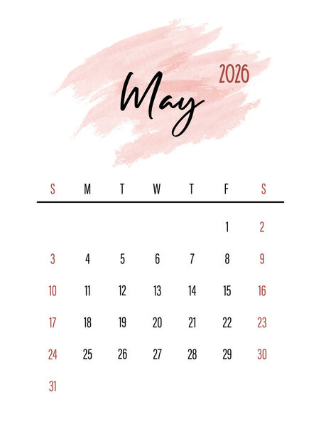 May 026 Monthly Calendar design with Watercolor Splash