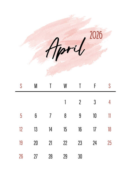 April 2026 Monthly Calendar design with Watercolor Splash