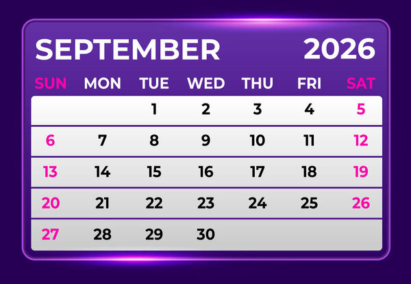 September 2026 Digital Calendar with Glow