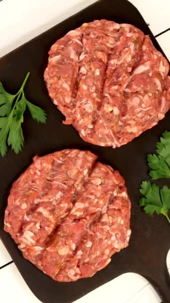 Fresh Raw Mince Beef Burger Cutlet Ready Prepare Rotate Dark — Video