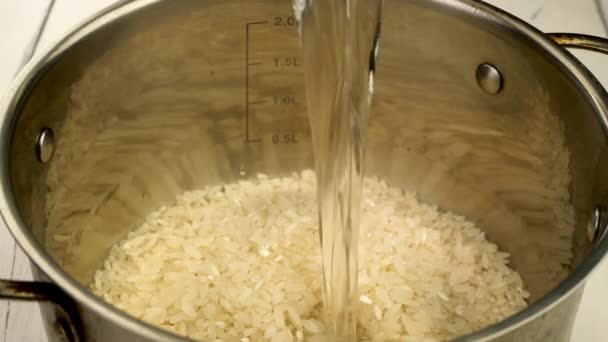 Water Pouring Metal Pot Rice Preparation Tasty Garnish Domestic Kitchen — Vídeo de stock