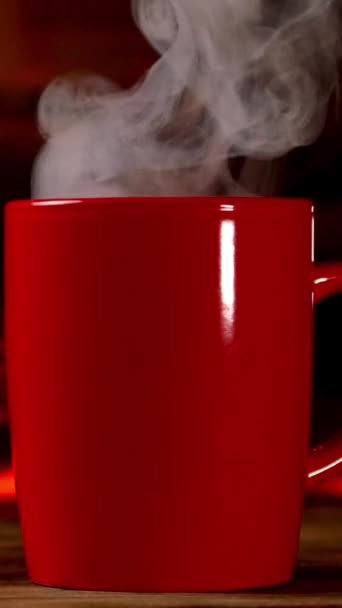 Steaming Cup Hot Beverage Coffee Tea Wooden Board Burning Fireplace — Video Stock