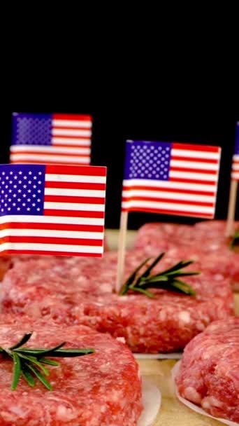 Fresh Raw Mince Beef Burger Cutlets American Flag Rosemary Sprigs — Αρχείο Βίντεο