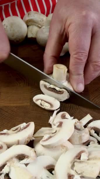 Chefs Hands Slicing Button Mushrooms Sharp Knife Pieces Chopping Board — Stock Video