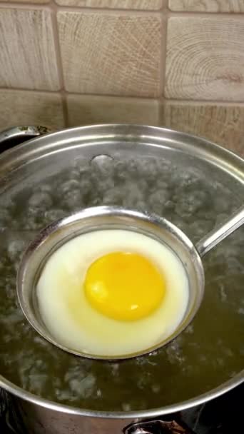 Life Hack How Ideal Perfect Poached Egg Kitchen Ladle Boiling — Vídeo de Stock