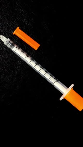 Insulin Syringe Manage Diabetes Inject Rotate Black Background Drawing Attention — Stock Video