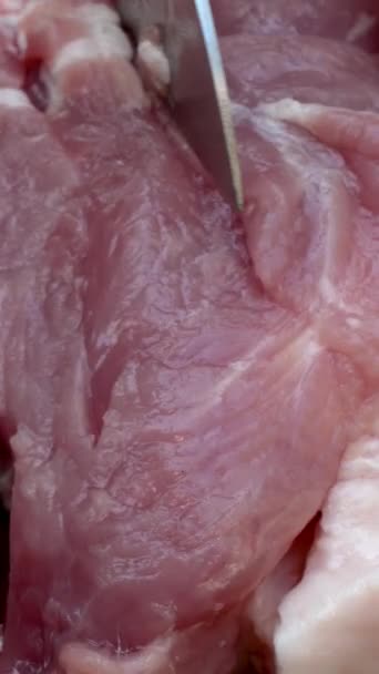 Felierea Expertă Cărnii Porc Suculent Bucăți Mari Udare Gurii Grătar — Videoclip de stoc