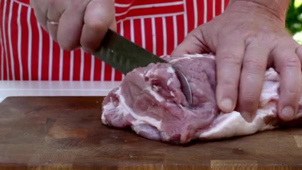 Vakkundig Snijden Sappig Varkensvlees Grote Verrukkelijke Brokken Grillen Bbq Sappige — Stockvideo